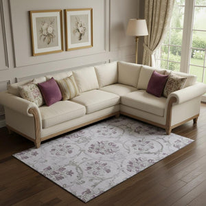 HomeRoots 10' X 14' Elegant Lavender Gray Floral Area Rug - Washable, UV Protected, Stain Resistant Design 663984