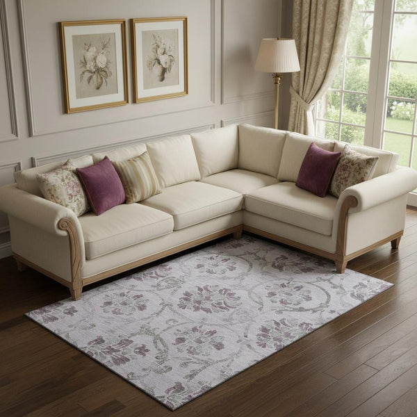 HomeRoots 10' X 14' Elegant Lavender Gray Floral Area Rug - Washable, UV Protected, Stain Resistant Design 663984
