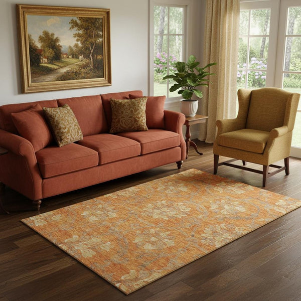 HomeRoots 5' X 8' Vibrant Floral Area Rug in Orange, Gray & Beige - Washable, UV-Protected & Durable Design 663986