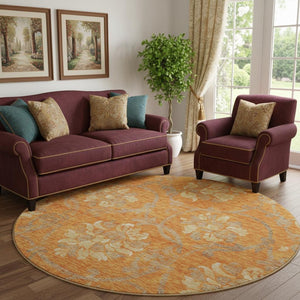 HomeRoots 8' Washable Round Rug with Floral Design in Orange, Gray & Beige - UV Protected & Durable Accent Piece 663987