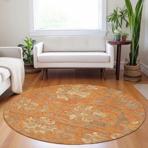 HomeRoots 8' Washable Round Rug with Floral Design in Orange, Gray & Beige - UV Protected & Durable Accent Piece 663987