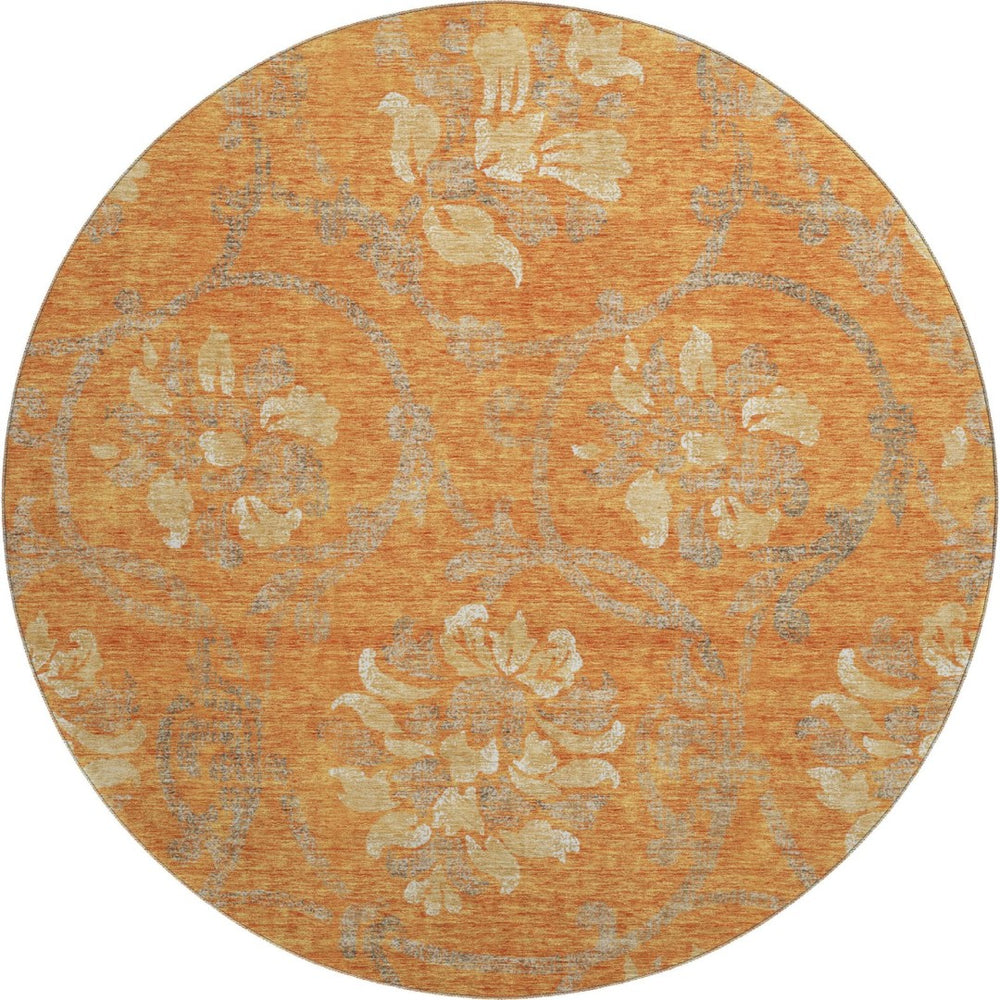 HomeRoots 8' Washable Round Rug with Floral Design in Orange, Gray & Beige - UV Protected & Durable Accent Piece 663987