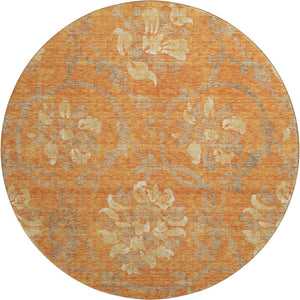 HomeRoots 8' Washable Round Rug with Floral Design in Orange, Gray & Beige - UV Protected & Durable Accent Piece 663987