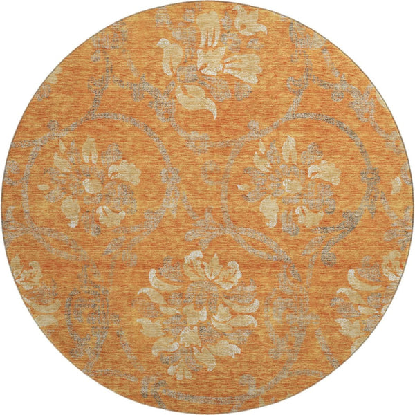 HomeRoots 8' Washable Round Rug with Floral Design in Orange, Gray & Beige - UV Protected & Durable Accent Piece 663987