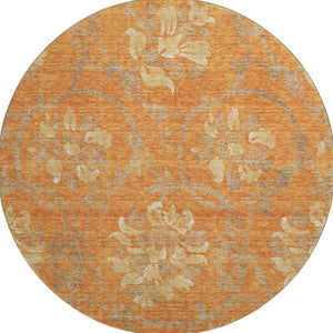HomeRoots 8' Washable Round Rug with Floral Design in Orange, Gray & Beige - UV Protected & Durable Accent Piece 663987