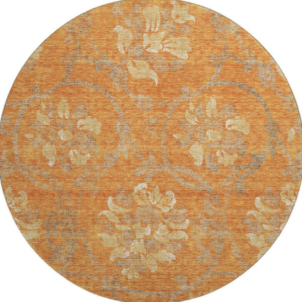 HomeRoots 8' Washable Round Rug with Floral Design in Orange, Gray & Beige - UV Protected & Durable Accent Piece 663987