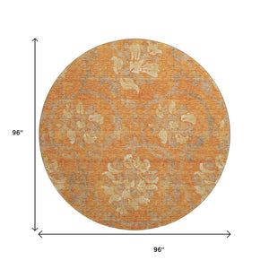 HomeRoots 8' Washable Round Rug with Floral Design in Orange, Gray & Beige - UV Protected & Durable Accent Piece 663987
