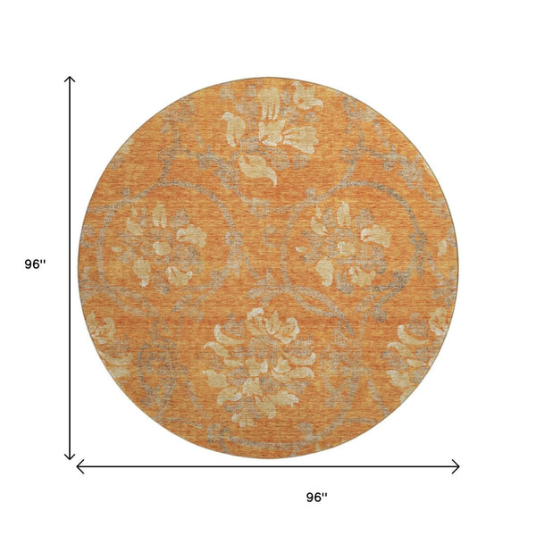 HomeRoots 8' Washable Round Rug with Floral Design in Orange, Gray & Beige - UV Protected & Durable Accent Piece 663987