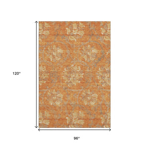 HomeRoots 8' X 10' Floral Area Rug in Orange, Gray & Beige - Washable, UV-Protected, Durable for Homes 663988
