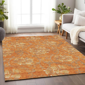 HomeRoots 8' X 10' Floral Area Rug in Orange, Gray & Beige - Washable, UV-Protected, Durable for Homes 663988