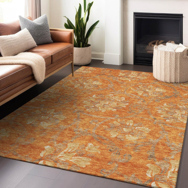 HomeRoots 8' X 10' Floral Area Rug in Orange, Gray & Beige - Washable, UV-Protected, Durable for Homes 663988