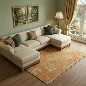 HomeRoots 8' X 10' Floral Area Rug in Orange, Gray & Beige - Washable, UV-Protected, Durable for Homes 663988
