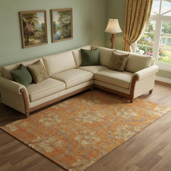 HomeRoots 9' X 12' Floral Area Rug in Orange, Gray & Beige – Washable, UV-Protected, Durable for Busy Homes 663989