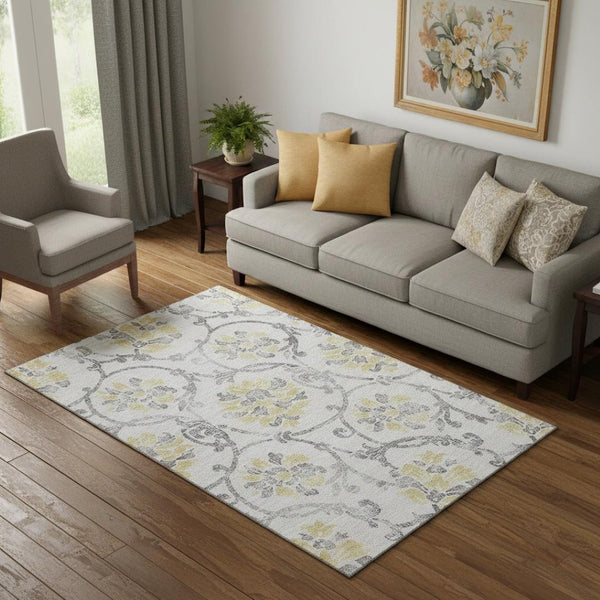 HomeRoots 5' X 8' Elegant Silver Gray and Gold Floral Washable Area Rug with UV Protection for Busy Homes 663992
