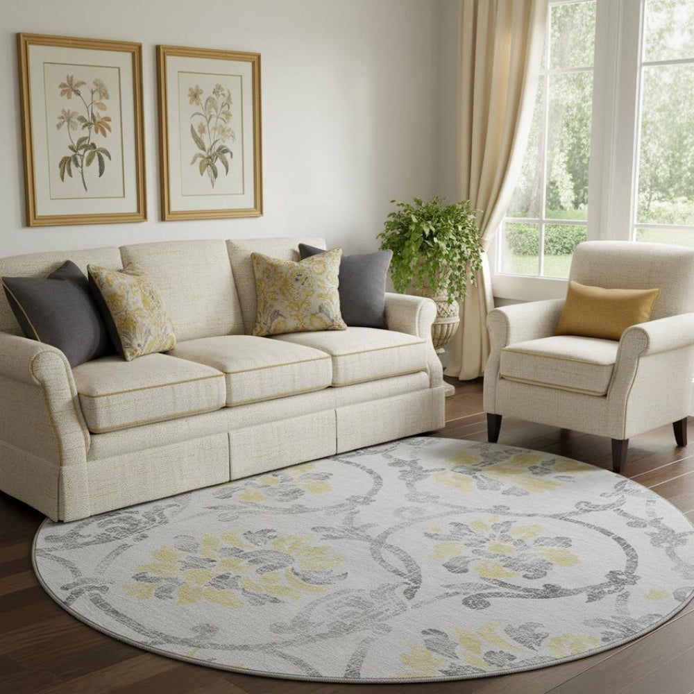 HomeRoots 8' Silver Gray & Gold Floral Washable Round Rug – Durable, Stain-Resistant, UV Protected Elegance 663993