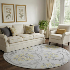 HomeRoots 8' Silver Gray & Gold Floral Washable Round Rug – Durable, Stain-Resistant, UV Protected Elegance 663993