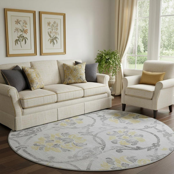 HomeRoots 8' Silver Gray & Gold Floral Washable Round Rug – Durable, Stain-Resistant, UV Protected Elegance 663993