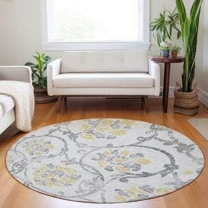 HomeRoots 8' Silver Gray & Gold Floral Washable Round Rug – Durable, Stain-Resistant, UV Protected Elegance 663993