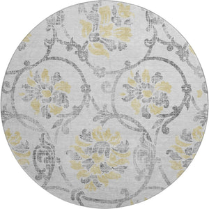 HomeRoots 8' Silver Gray & Gold Floral Washable Round Rug – Durable, Stain-Resistant, UV Protected Elegance 663993