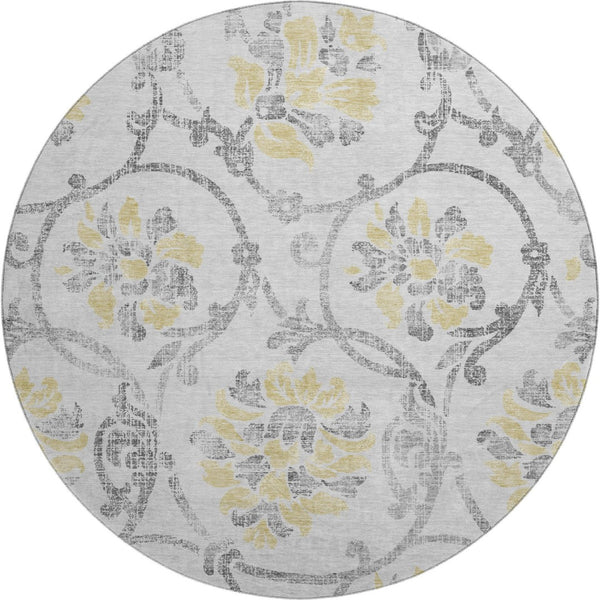 HomeRoots 8' Silver Gray & Gold Floral Washable Round Rug – Durable, Stain-Resistant, UV Protected Elegance 663993