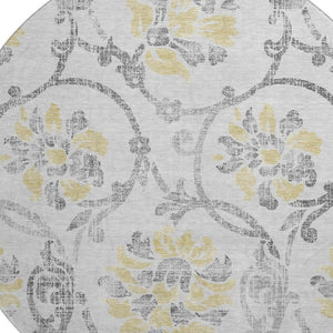 HomeRoots 8' Silver Gray & Gold Floral Washable Round Rug – Durable, Stain-Resistant, UV Protected Elegance 663993