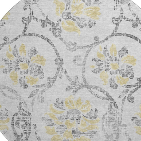 HomeRoots 8' Silver Gray & Gold Floral Washable Round Rug – Durable, Stain-Resistant, UV Protected Elegance 663993