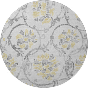 HomeRoots 8' Silver Gray & Gold Floral Washable Round Rug – Durable, Stain-Resistant, UV Protected Elegance 663993