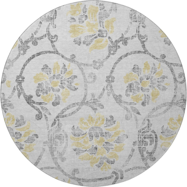 HomeRoots 8' Silver Gray & Gold Floral Washable Round Rug – Durable, Stain-Resistant, UV Protected Elegance 663993