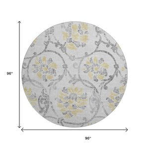 HomeRoots 8' Silver Gray & Gold Floral Washable Round Rug – Durable, Stain-Resistant, UV Protected Elegance 663993