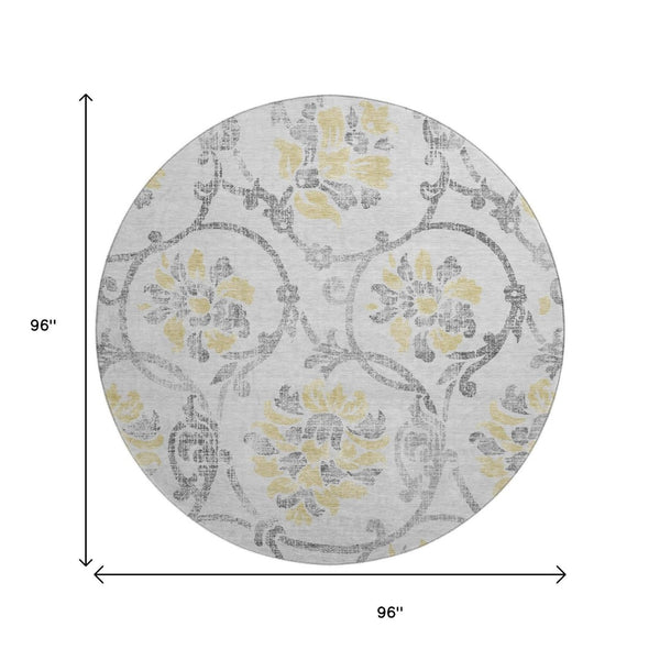 HomeRoots 8' Silver Gray & Gold Floral Washable Round Rug – Durable, Stain-Resistant, UV Protected Elegance 663993