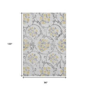 HomeRoots 8' X 10' Silver Gray & Gold Floral Area Rug - Stain-Resistant, UV Protected, Easy Care for Homes 663994