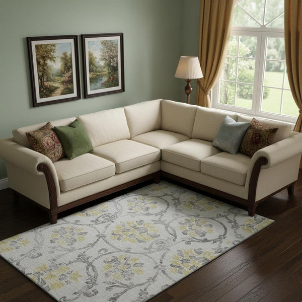HomeRoots 8' X 10' Silver Gray & Gold Floral Area Rug - Stain-Resistant, UV Protected, Easy Care for Homes 663994