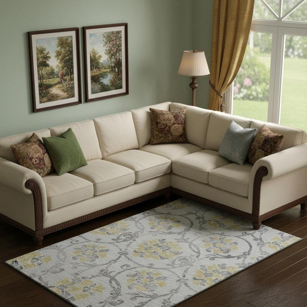 HomeRoots 9' X 12' Elegant Silver Gray & Gold Floral Area Rug – Washable, UV Protected, Perfect for High-Traffic Areas 663995