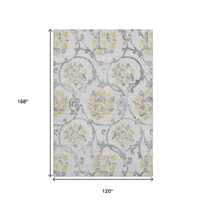 HomeRoots 10' X 14' Elegant Silver Gray & Gold Floral Area Rug – Washable, Stain Resistant, UV Protected Design 663996