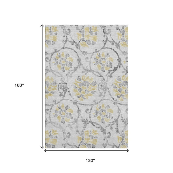 HomeRoots 10' X 14' Elegant Silver Gray & Gold Floral Area Rug – Washable, Stain Resistant, UV Protected Design 663996