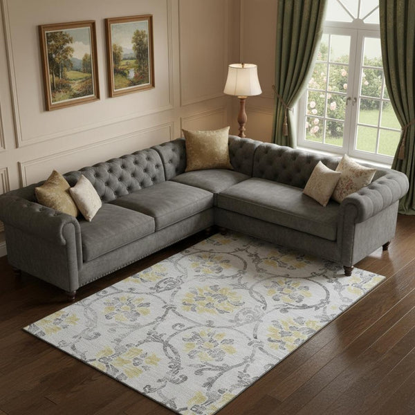 HomeRoots 10' X 14' Elegant Silver Gray & Gold Floral Area Rug – Washable, Stain Resistant, UV Protected Design 663996