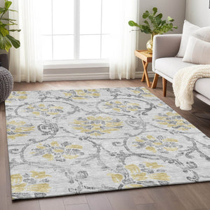 HomeRoots 10' X 14' Elegant Silver Gray & Gold Floral Area Rug – Washable, Stain Resistant, UV Protected Design 663996