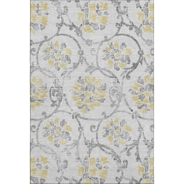 HomeRoots 10' X 14' Elegant Silver Gray & Gold Floral Area Rug – Washable, Stain Resistant, UV Protected Design 663996