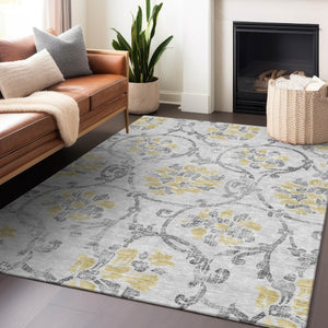 HomeRoots 10' X 14' Elegant Silver Gray & Gold Floral Area Rug – Washable, Stain Resistant, UV Protected Design 663996