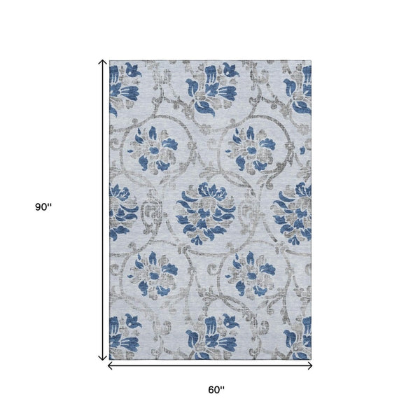 HomeRoots 5' X 8' Sky Blue Gray Floral Area Rug - Washable, UV-Protected, Stain-Resistant, Ideal for Busy Homes 663998