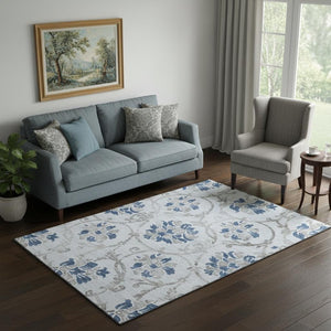 HomeRoots 5' X 8' Sky Blue Gray Floral Area Rug - Washable, UV-Protected, Stain-Resistant, Ideal for Busy Homes 663998