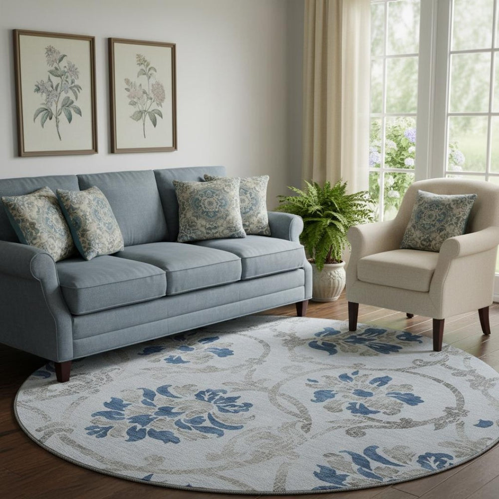 HomeRoots 8' Sky Blue Gray Silver Floral Washable Round Rug - Durable, Stain-Resistant, UV Protected Design 663999