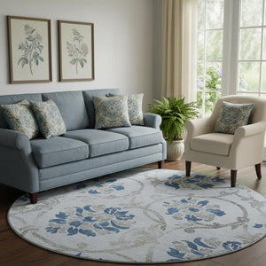 HomeRoots 8' Sky Blue Gray Silver Floral Washable Round Rug - Durable, Stain-Resistant, UV Protected Design 663999