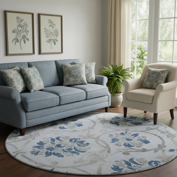 HomeRoots 8' Sky Blue Gray Silver Floral Washable Round Rug - Durable, Stain-Resistant, UV Protected Design 663999