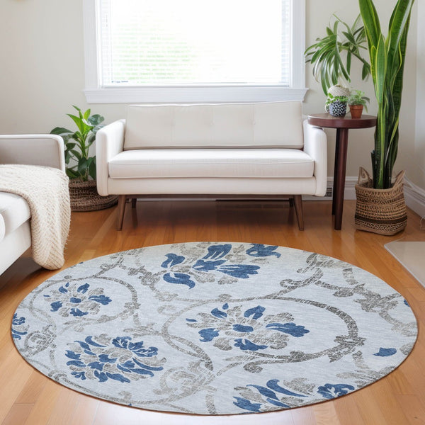 HomeRoots 8' Sky Blue Gray Silver Floral Washable Round Rug - Durable, Stain-Resistant, UV Protected Design 663999