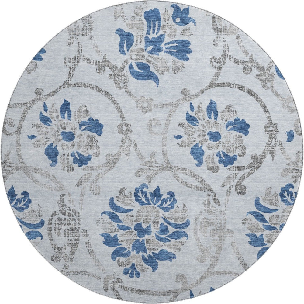 HomeRoots 8' Sky Blue Gray Silver Floral Washable Round Rug - Durable, Stain-Resistant, UV Protected Design 663999