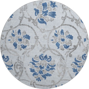 HomeRoots 8' Sky Blue Gray Silver Floral Washable Round Rug - Durable, Stain-Resistant, UV Protected Design 663999