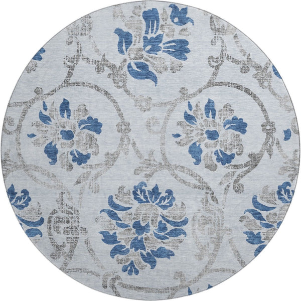 HomeRoots 8' Sky Blue Gray Silver Floral Washable Round Rug - Durable, Stain-Resistant, UV Protected Design 663999