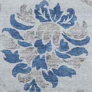 HomeRoots 8' Sky Blue Gray Silver Floral Washable Round Rug - Durable, Stain-Resistant, UV Protected Design 663999