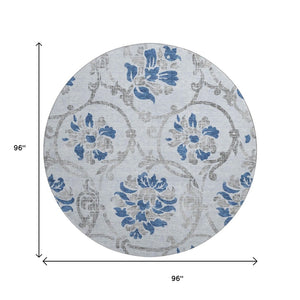 HomeRoots 8' Sky Blue Gray Silver Floral Washable Round Rug - Durable, Stain-Resistant, UV Protected Design 663999